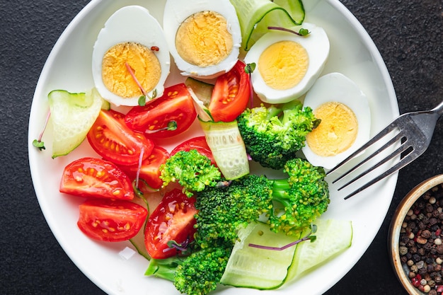Ensalada de verduras y huevo, brócoli, tomate, pepino, comida, merienda en la mesa
