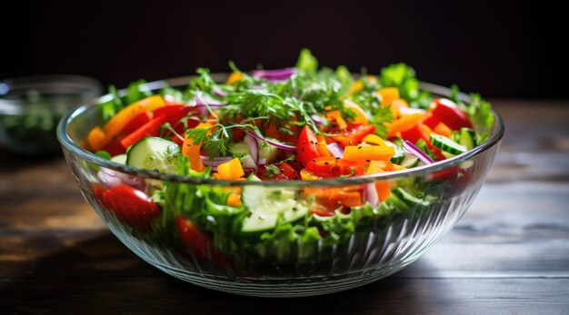 Ensalada de verduras mixtas en un recipiente de vidrio transparente IA generativa