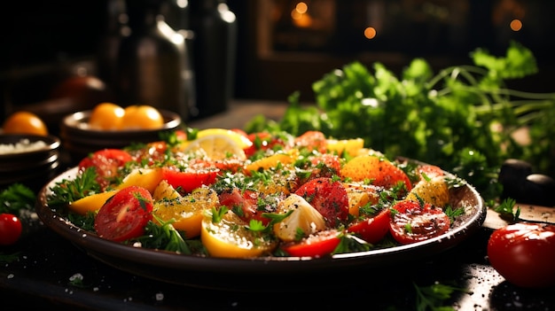 Ensalada de verduras orgánicas frescas con tomate maduro y pimiento