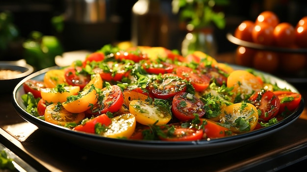 Ensalada de verduras orgánicas frescas con tomate maduro y pimiento