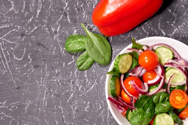 Ensalada de verduras en un plato blanco sobre un fondo gris