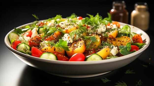 ensalada de verduras en un plato sobre un fondo de mesa blanco