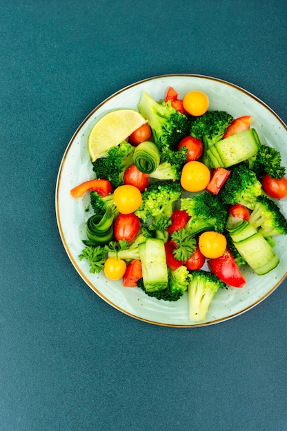 Ensalada de verduras de primavera decorada con physalis