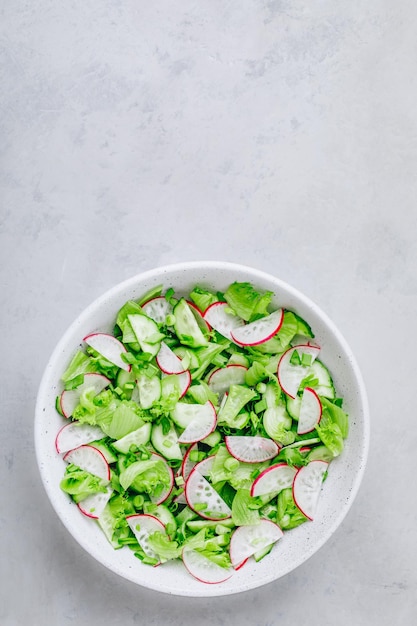 Ensalada de verduras de primavera Ensalada de pepino de rábano fresco con lechuga verde en un tazón