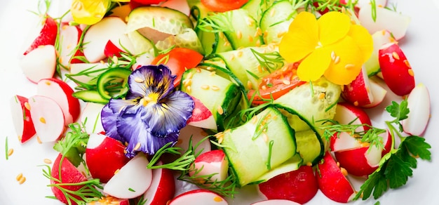 Ensalada de verduras de primavera con flores, cerrar