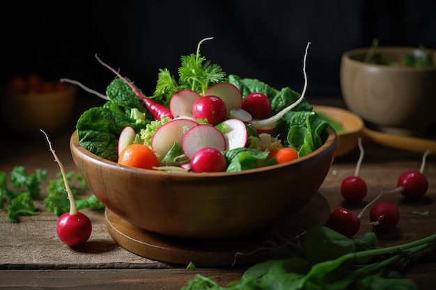 Ensalada con verduras de rábano y bayas en un tazón sobre mesa de madera