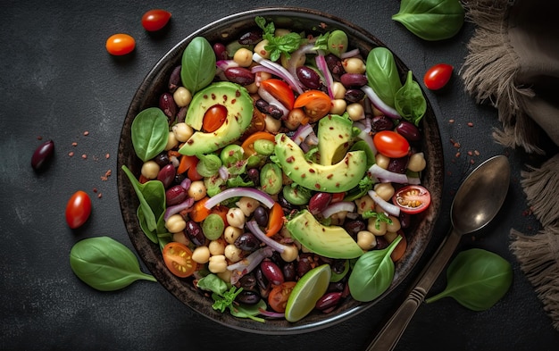 Ensalada de verduras saludables para veganos ángulo de visión superior