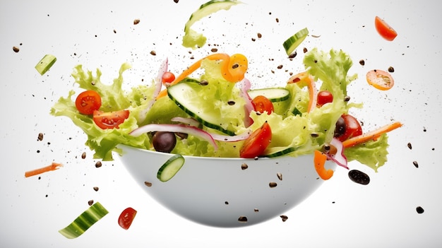 Ensalada de verduras en un tazón con ingredientes voladores y gotas de aceite de oliva