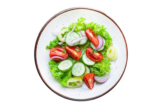 Ensalada de verduras, tomate, pepino, pimiento, cebolla, lechuga, comida, snack, espacio de copia, fondo de alimentos