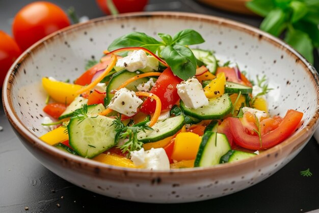 La ensalada de verduras de vista frontal se compone de queso de pepino y tomates en la oscuridad