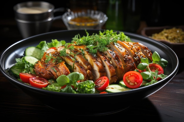 Ensalada vibrante con hojas de tomate, pepino y pollo a la parrilla generativa IA