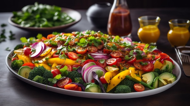 Una ensalada vibrante con una mezcla de verduras de colores y una pizca de vinagre