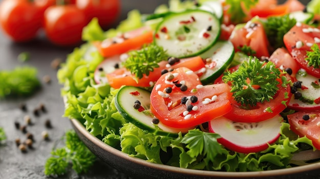 Ensalada vibrante con una variedad de verduras frescas que capturan la crujiencia y los colores naturales