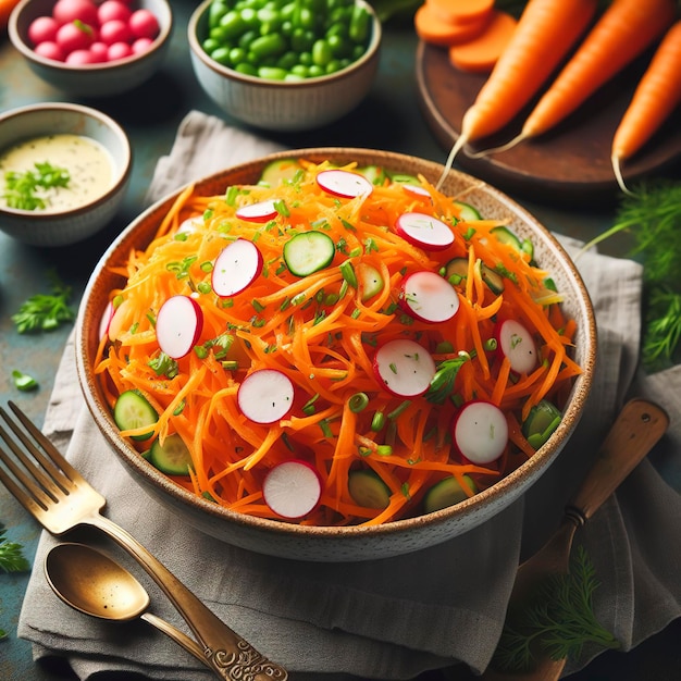 Ensalada de zanahorias frescas ralladas y rábano verde con salsa