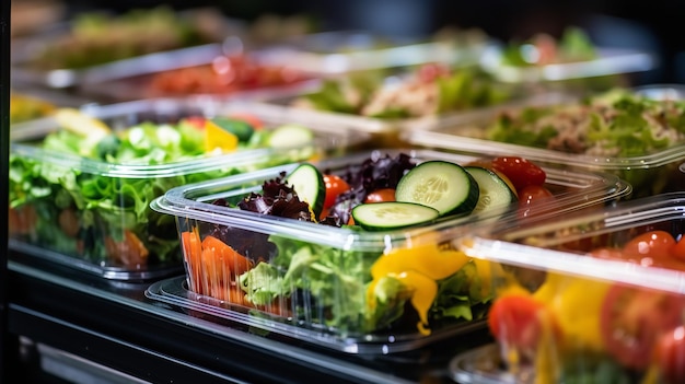 Ensaladas de verduras ya envueltas en cartones de plástico IA generativa