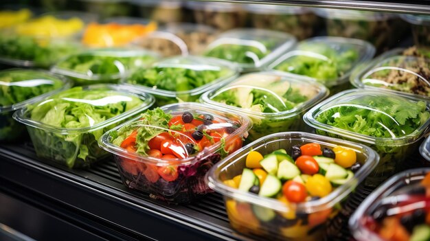 Ensaladas de verduras ya envueltas en cartones de plástico IA generativa