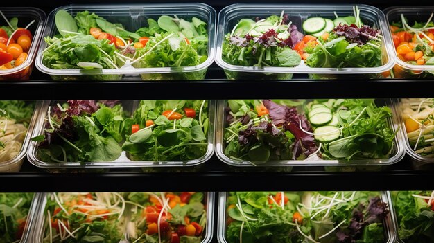 Ensaladas de verduras ya envueltas en cartones de plástico IA generativa