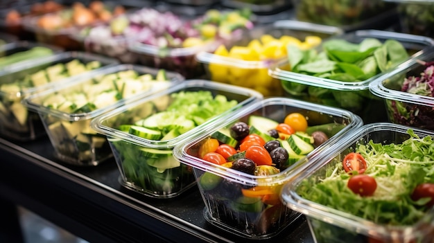 Ensaladas de verduras ya envueltas en cartones de plástico IA generativa