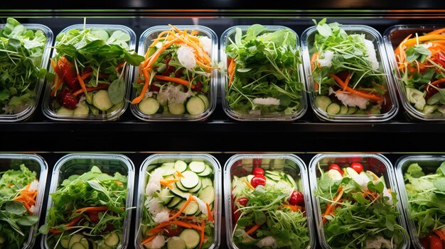 Ensaladas de verduras ya envueltas en cartones de plástico IA generativa