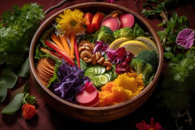 Ensaladera mixta colorida con verduras de hoja verde y aderezos creada con IA generativa