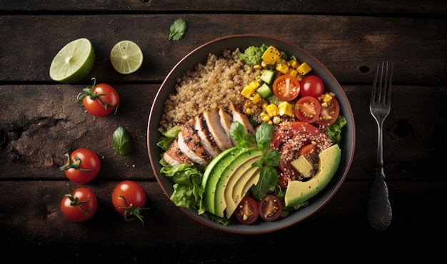 Ensaladera saludable en mesa de madera