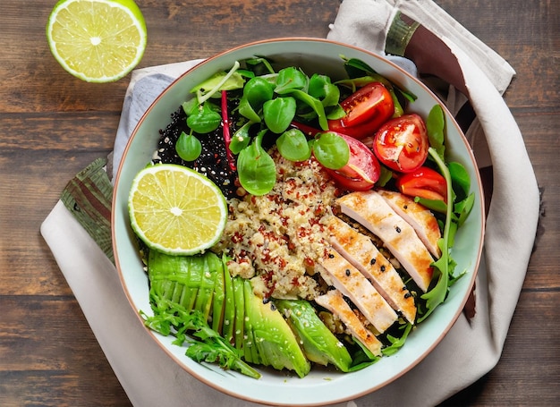 Ensaladera Saludable Con Tomates, Aguacate, Quinoa Y Pechuga De Pollo