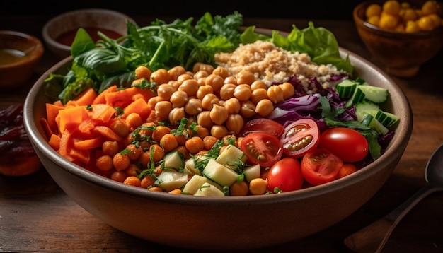 Ensaladera vegetariana fresca con ingredientes orgánicos generados por IA