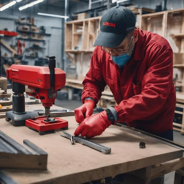 El ensamblador de muebles con guantes rojos aprieta el tornillo con la llave hexagonal ensamblaje y reparación de muebles