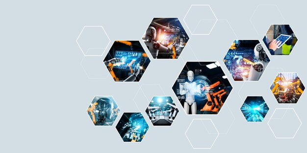 El ensamblaje automatizado de robots industriales y brazos robóticos en la producción de la fábrica