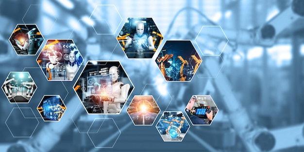 El ensamblaje automatizado de robots industriales de IA y brazos robóticos en la producción de la fábrica NLP