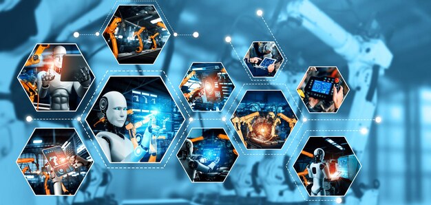El ensamblaje automatizado de robots industriales de IA y brazos robóticos en la producción de la fábrica NLP