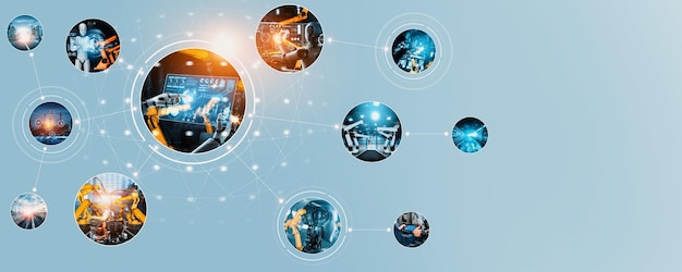 El ensamblaje automatizado de robots industriales de IA y brazos robóticos en la producción de la fábrica NLP