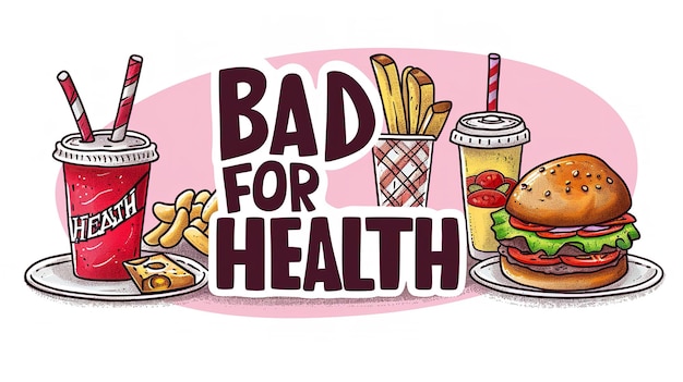 Ensamblaje de pancartas de comida rápida con la frase Mal para la salud arte ilustrativo IA generativa