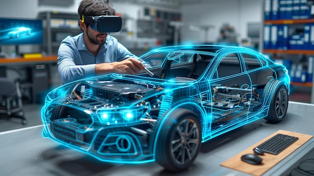 Foto el ensamblaje virtual de automóviles el hombre con gafas de realidad virtual construye automóviles seleccionando componentes para la personalización