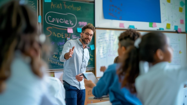 Enseñador de ciencias en el aula explicando el material de estudio a los escolares