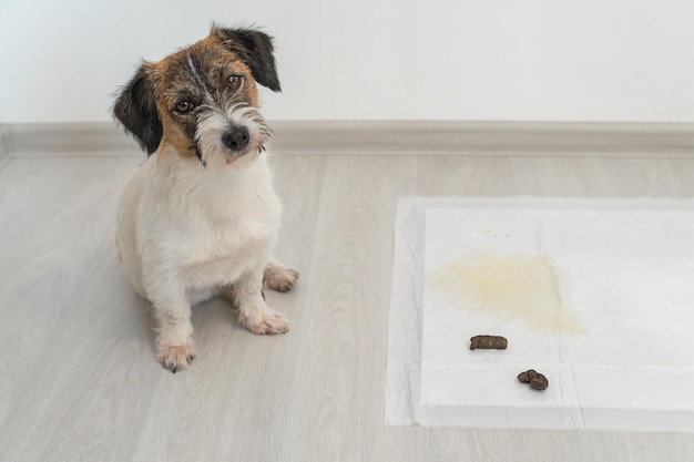 Ensinando o cachorro a limpar o banheiro Criando animais de estimação Treinamento de banheiro de cachorro sentado em uma fralda