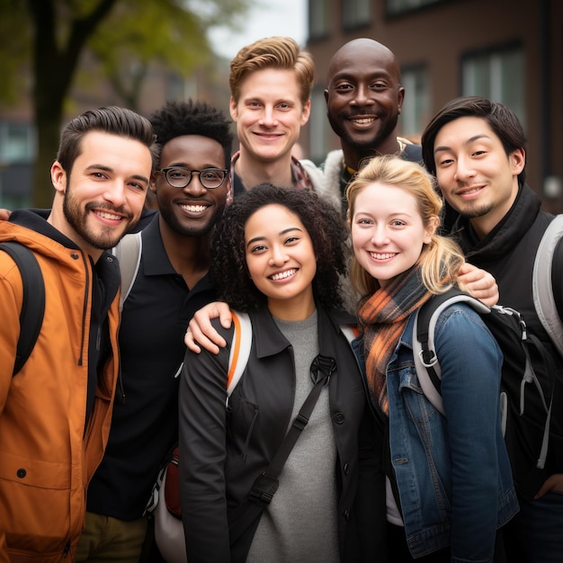 ensino médio e grupo de conceito de pessoas de estudantes sorridentes com mochilas no campus