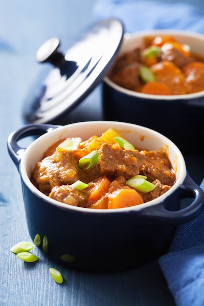 Ensopado de carne com batata e cenoura em panela azul