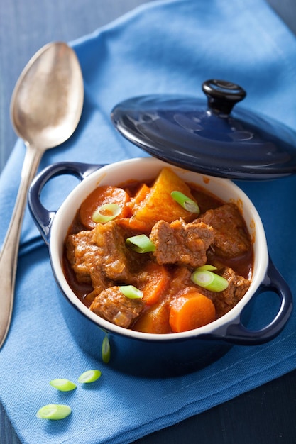 Ensopado de carne com batata e cenoura em panela azul
