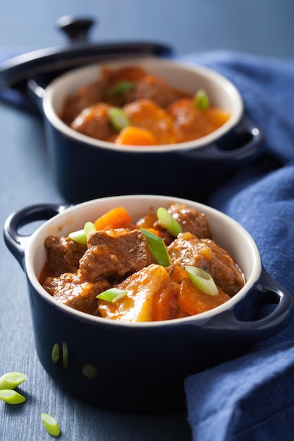 Ensopado de carne com batata e cenoura em uns potenciômetros azuis