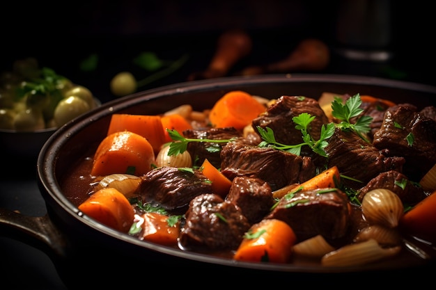 Foto ensopado de carne com legumes em panela preta