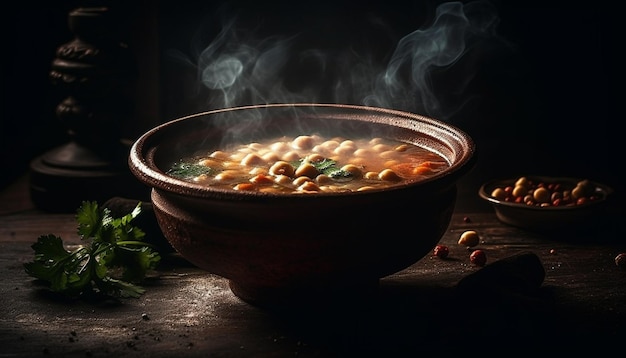 Ensopado de legumes saudável cozido em mesa de madeira rústica gerado por IA