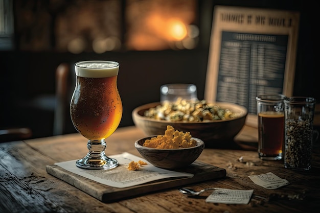 Entdecken Sie den Craft-Bier-Himmel mit trübem goldenem Gebräu und generativer KI für Snacks