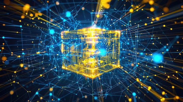 Entdecken Sie den Hintergrund der futuristischen digitalen Quantentechnologie mit glühenden Würfeln AIG53M