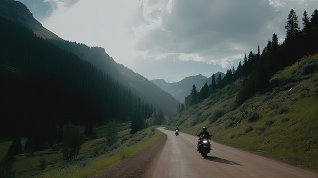 Entdecken Sie den Nervenkitzel einer Motorradfahrt durch die beeindruckenden Berge Colorados, während Sie sich Ihren Weg über aufregende, von KI generierte Bergstraßen bahnen