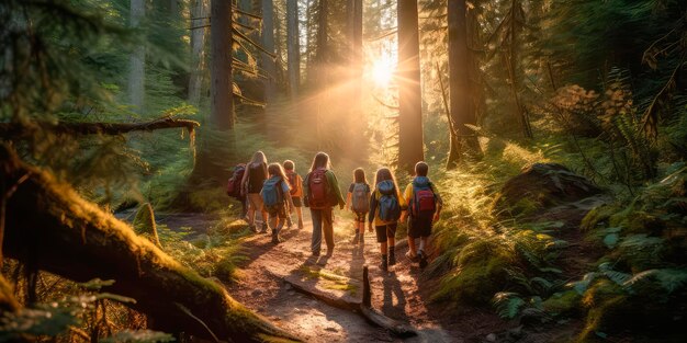 Entdecken Sie die Natur. Kinder wandern durch einen wunderschönen Wald und erkunden die Wildnis