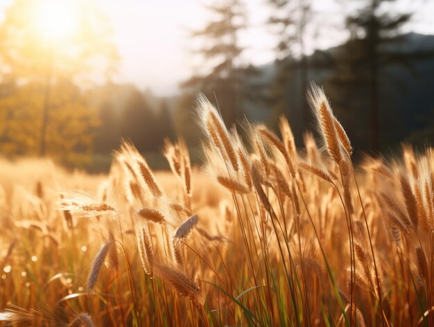 Entdecken Sie die Ruhe Das atemberaubende goldene Weizenfeld im Hintergrund eines bezaubernden Waldes