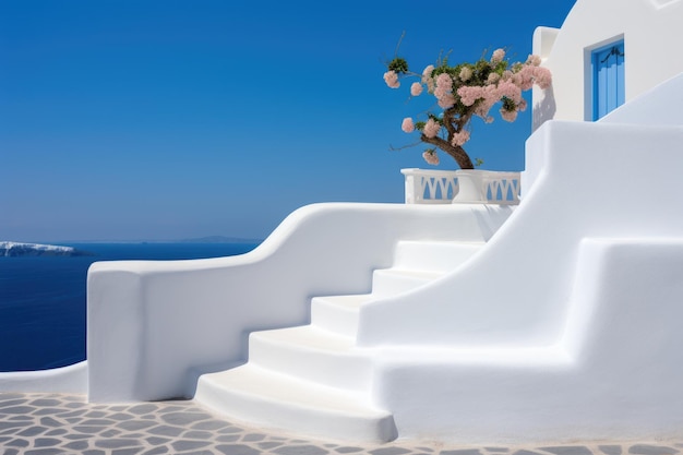 Entdecken Sie die weißen Treppen von Oia, die zur mediterranen Terrasse in Santorini, Griechenland, führen
