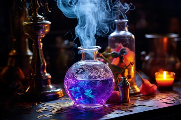 Entdecken Sie ein farbenfrohes alchemistisches Tableau mit Trankrauch und Magie, das von generativer KI zum Leben erweckt wird