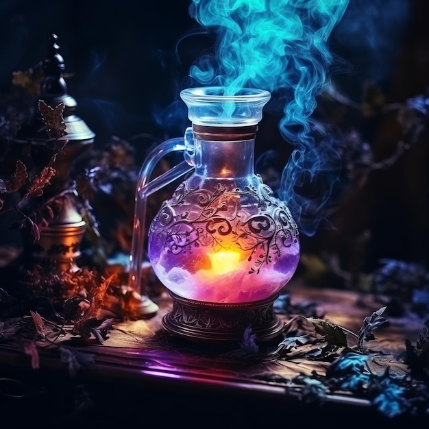 Entdecken Sie ein farbenfrohes alchemistisches Tableau mit Trankrauch und Magie, das von generativer KI zum Leben erweckt wird
